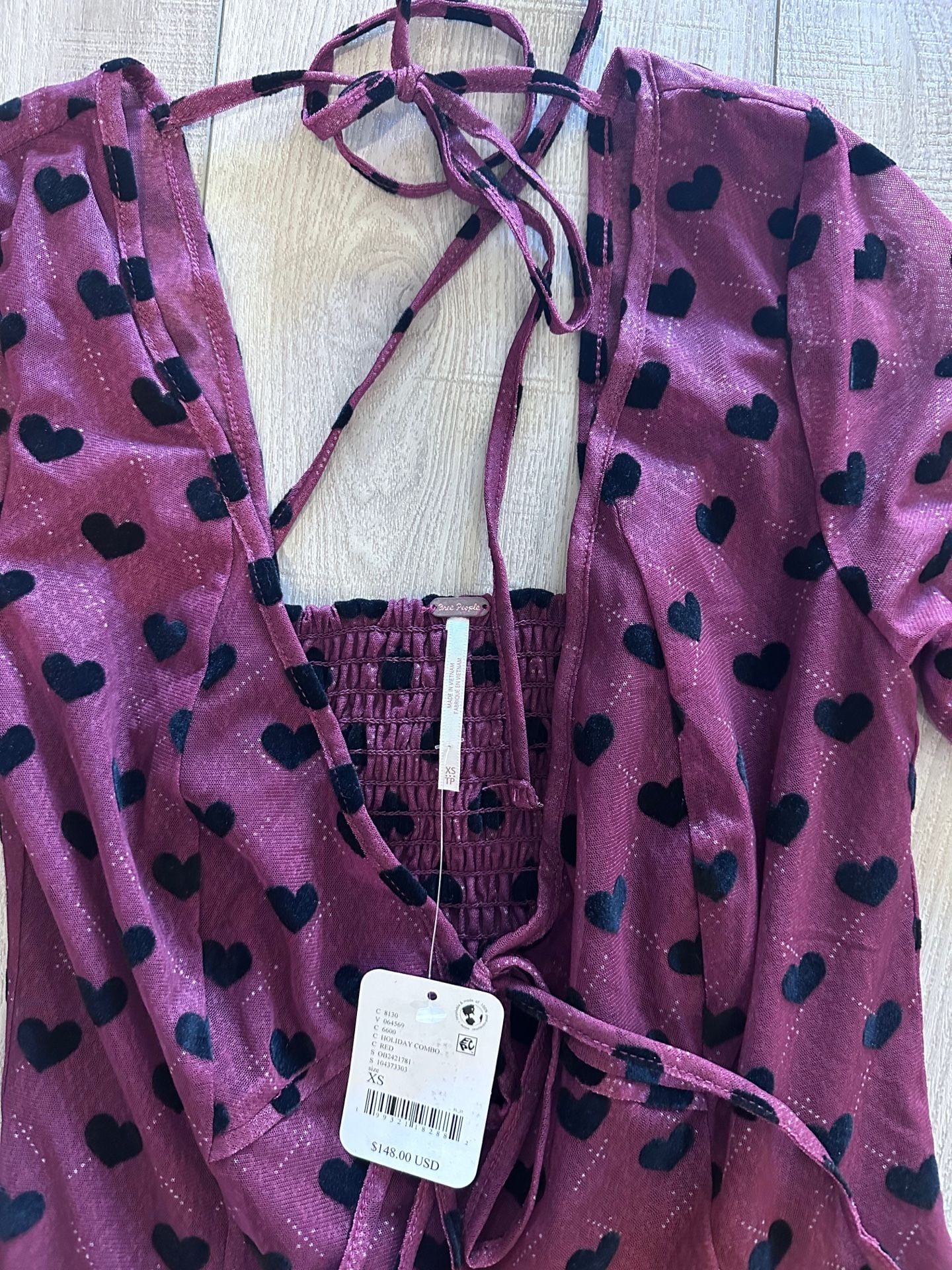 Free People Dress Size XS Red Black Heart Long Sleeve Mini New 3