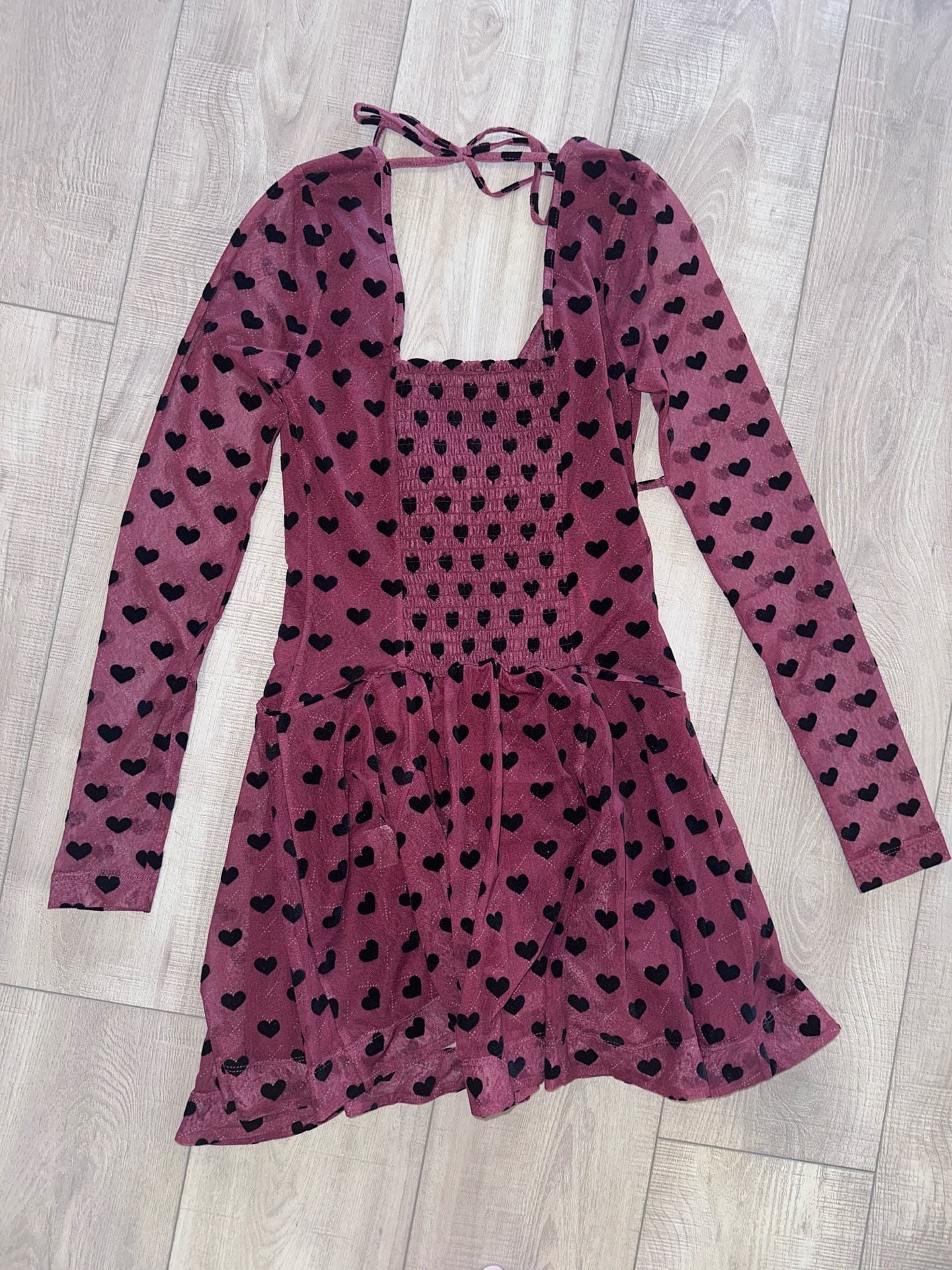 Free People Dress Size XS Red Black Heart Long Sleeve Mini New 4