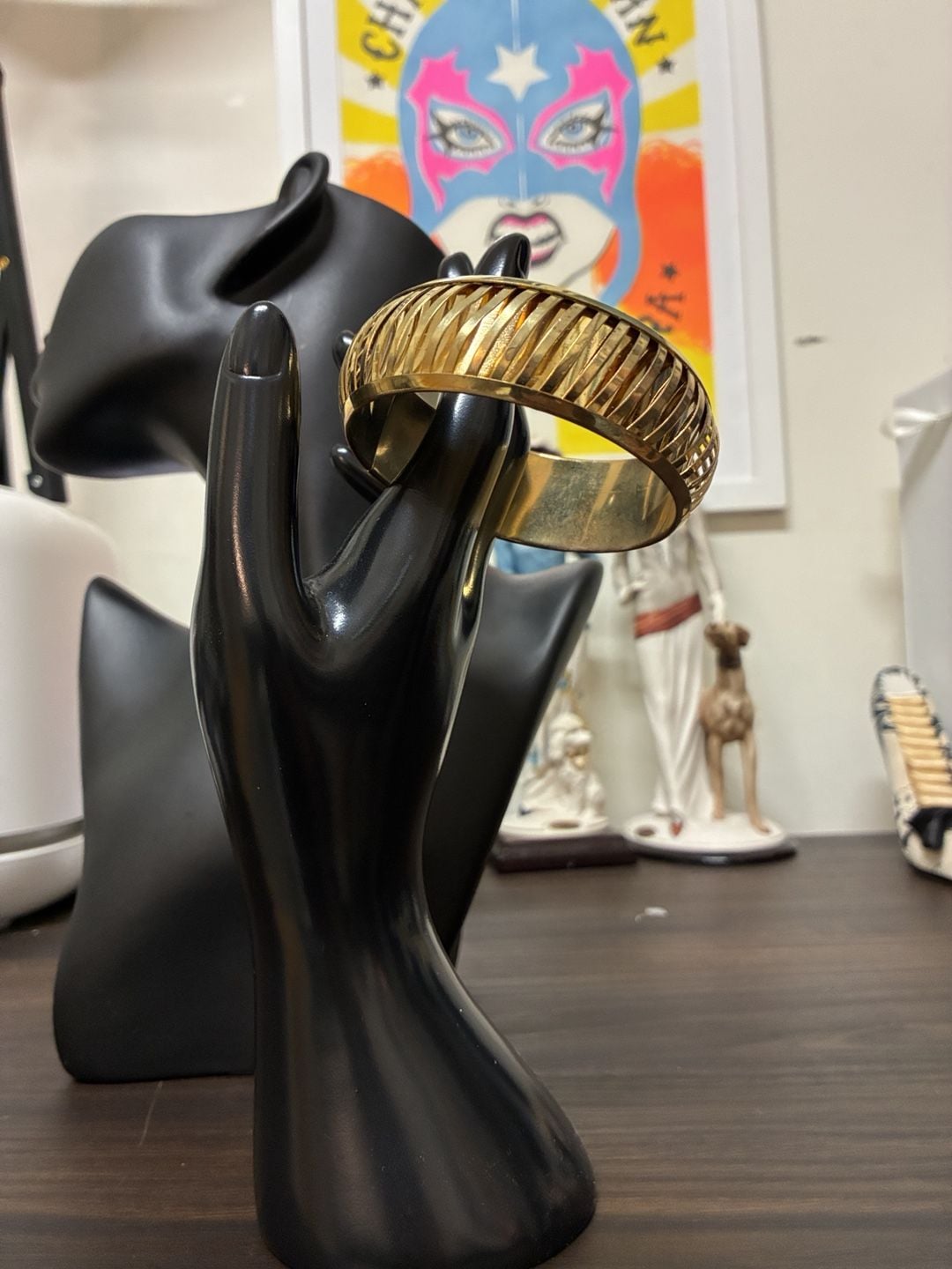 Vintage 1980s Gold Tone Wide Ribbed Slanted Cuff Bracelet 2