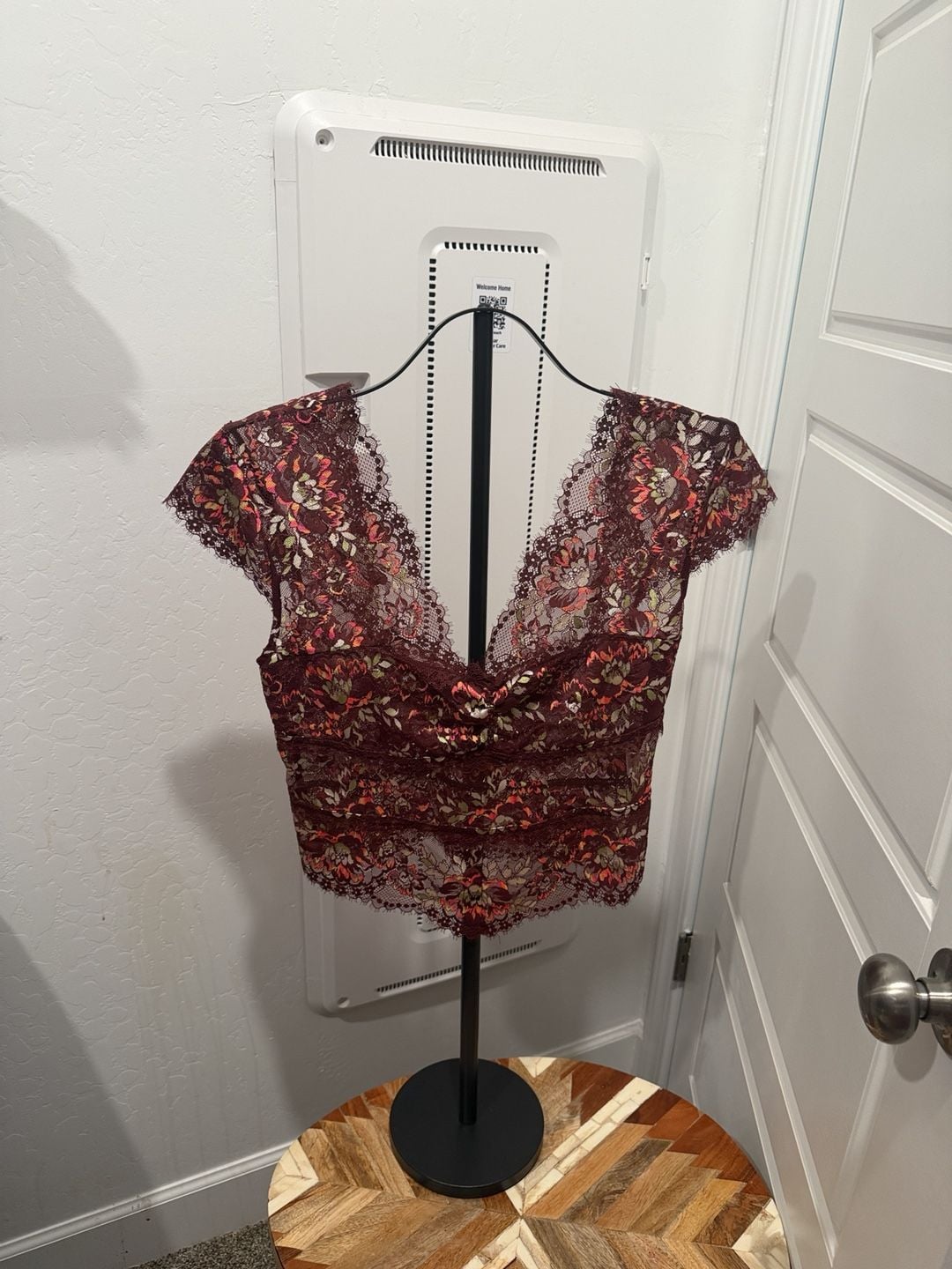 Free People Lace Crop Top Burgundy Floral 2