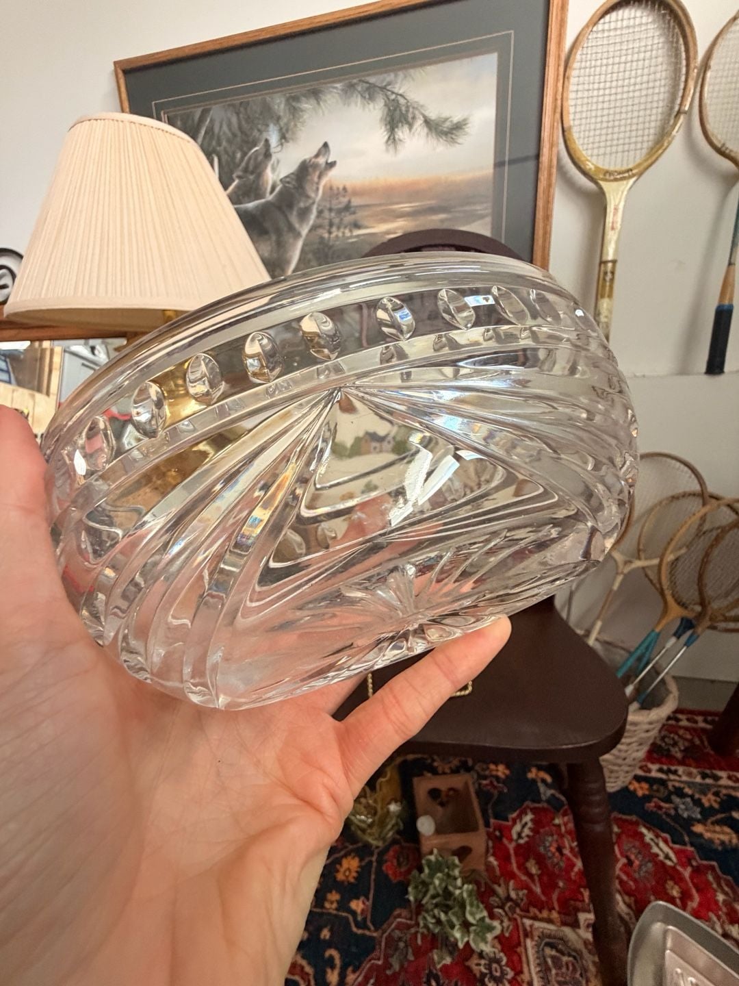 Classy Vintage Crystal Glass Serving Bowl Cut Floral Design Oval Shape 7