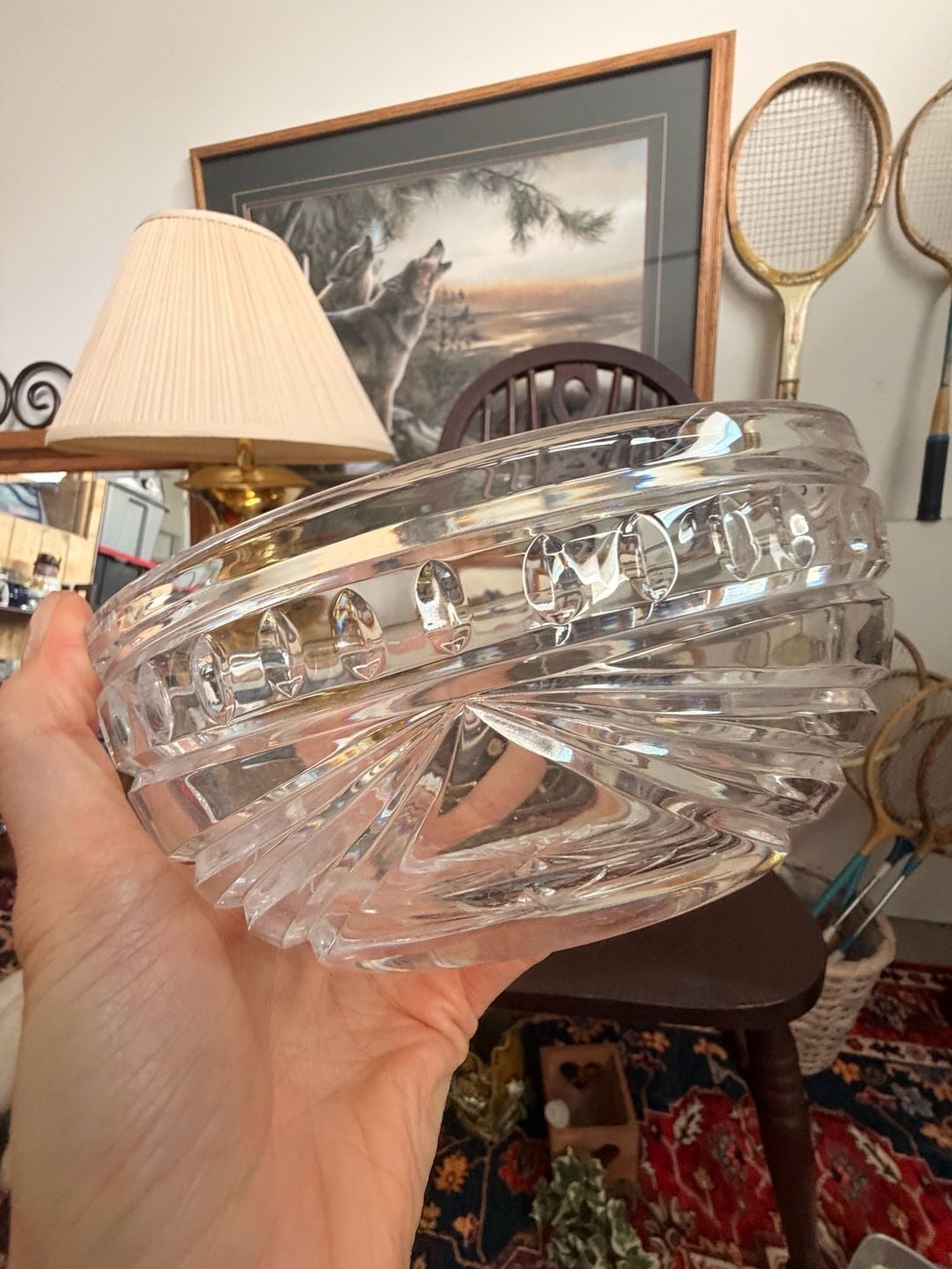 Classy Vintage Crystal Glass Serving Bowl Cut Floral Design Oval Shape 8