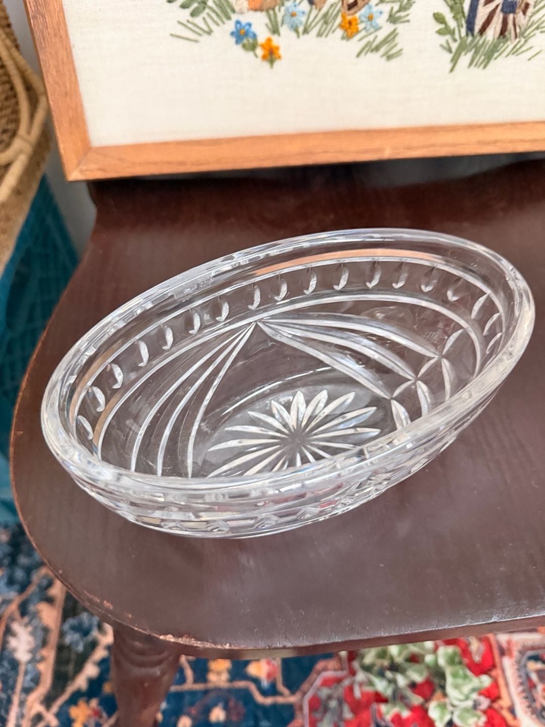Classy Vintage Crystal Glass Serving Bowl Cut Floral Design Oval Shape 9