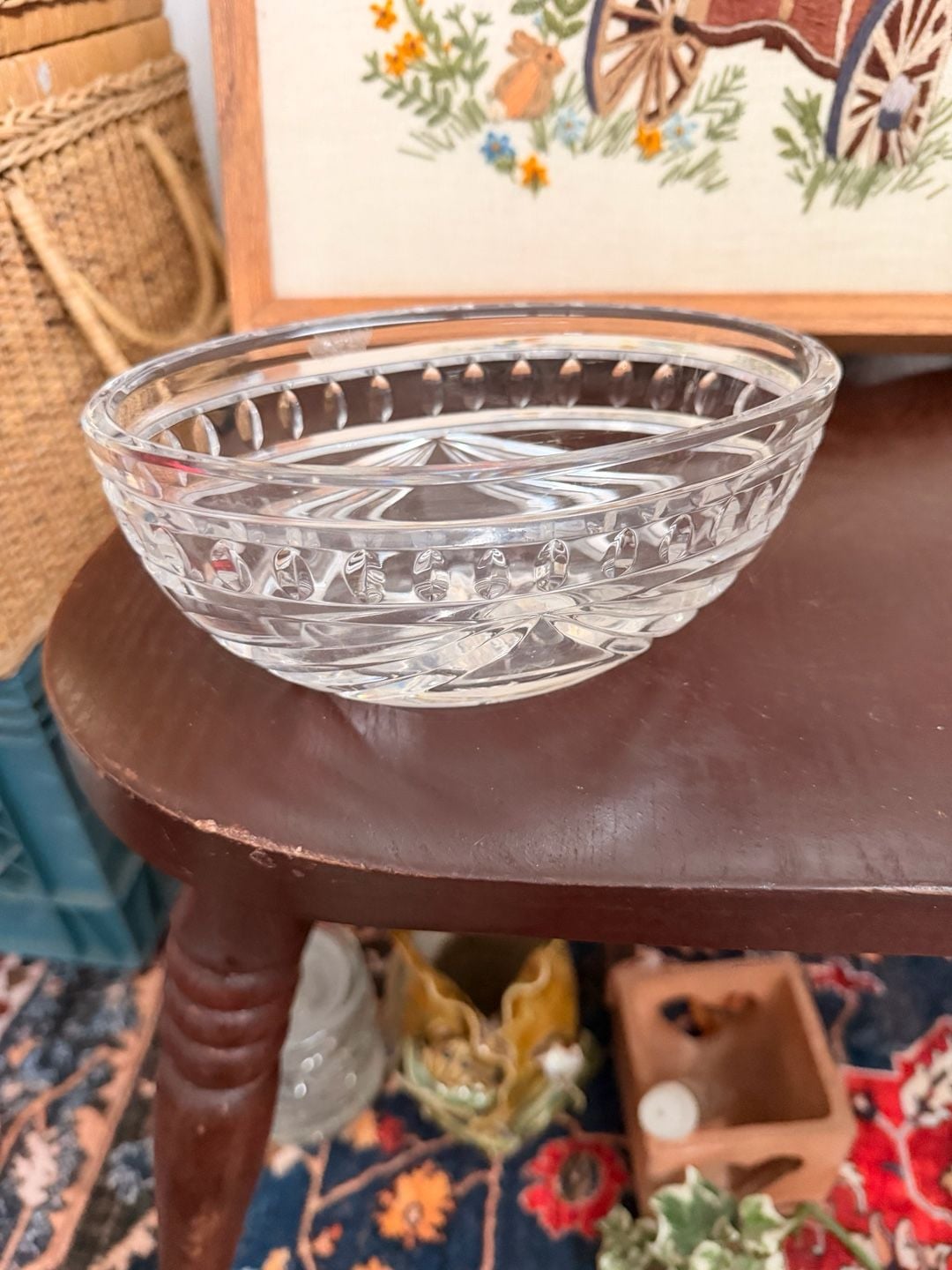 Classy Vintage Crystal Glass Serving Bowl Cut Floral Design Oval Shape 10
