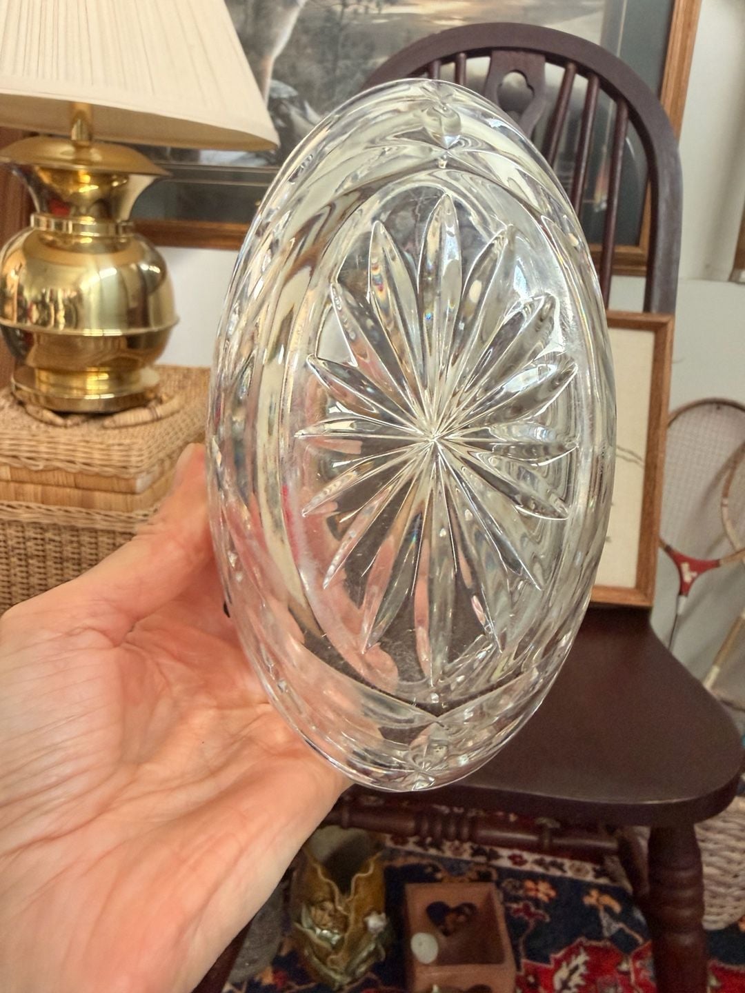Classy Vintage Crystal Glass Serving Bowl Cut Floral Design Oval Shape 11