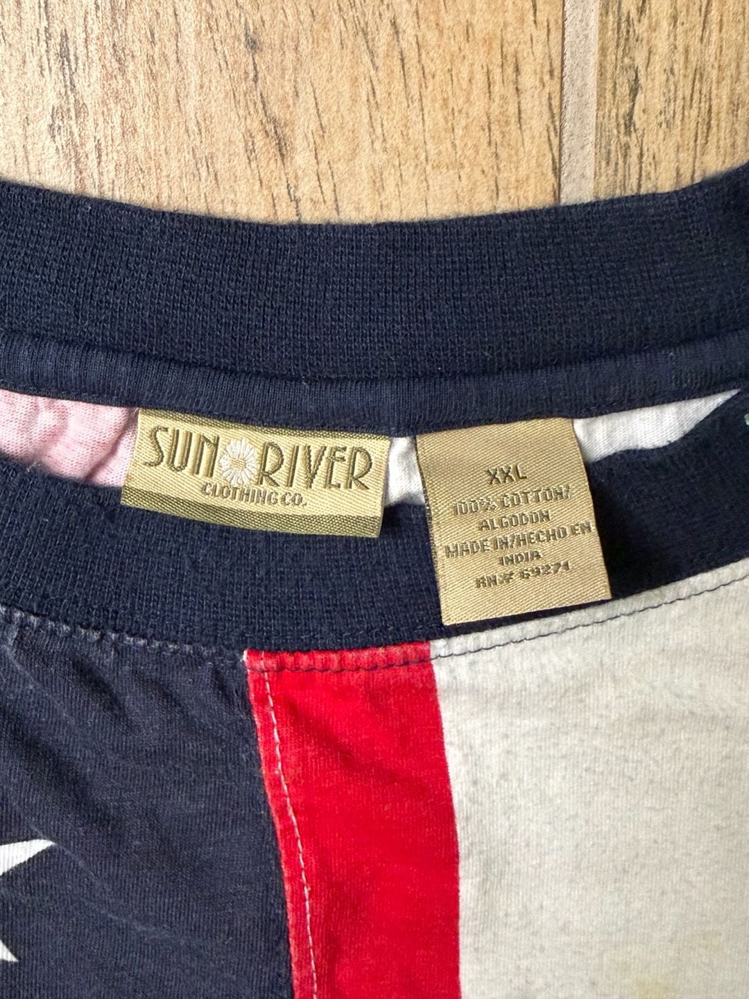 Vintage American Flag T Shirt USA Sun River Clothing Co. Size XXL Red White Blue 3