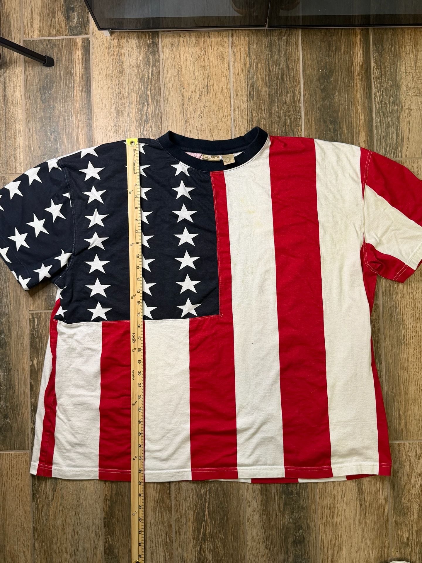Vintage American Flag T Shirt USA Sun River Clothing Co. Size XXL Red White Blue 5