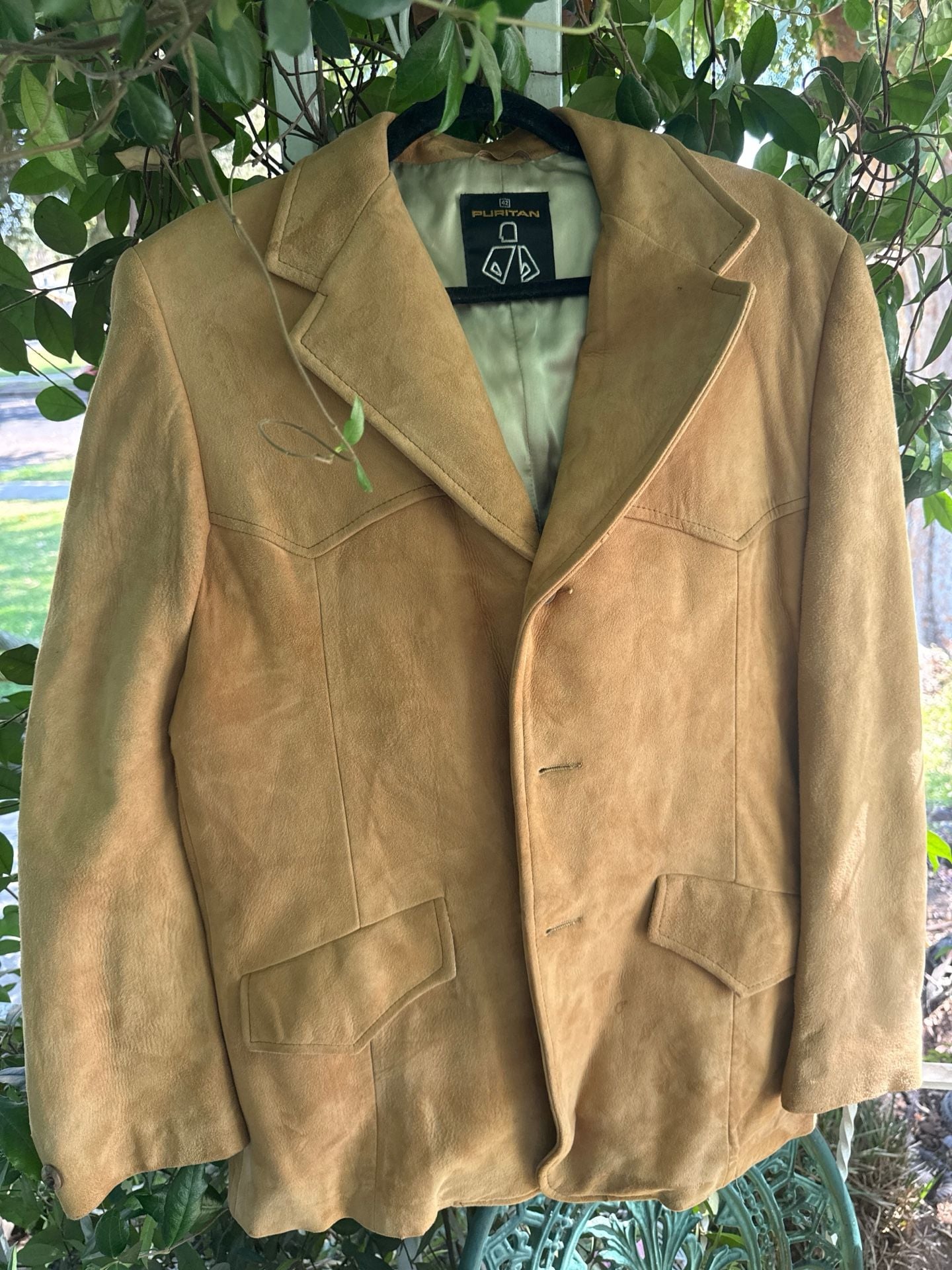 Womens (Mens) Puritan Vintage Suede Leather Western Blazer Jacket Tan Measurements in description 17