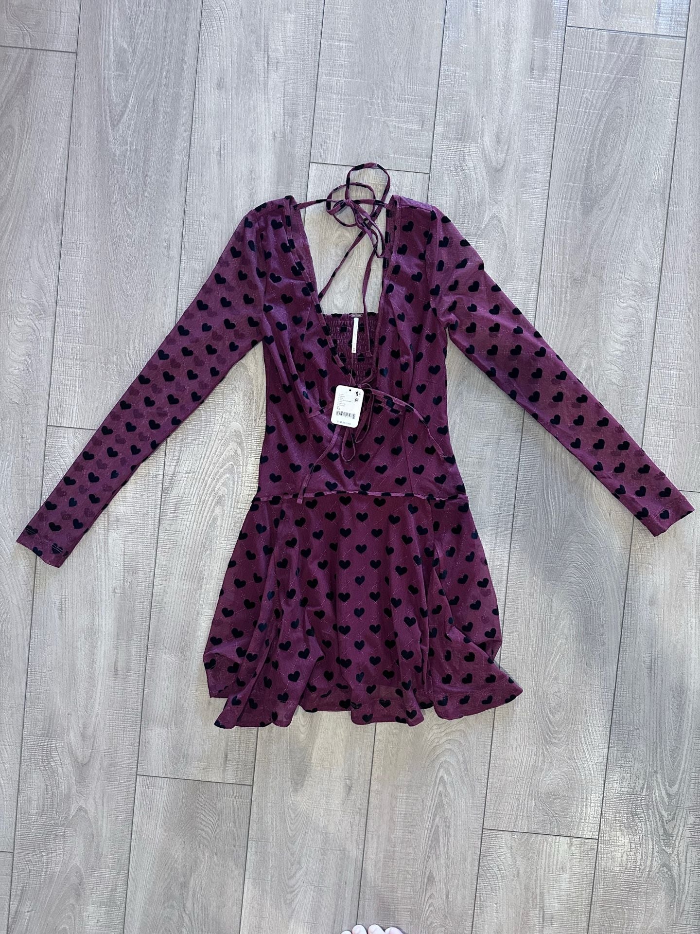 Free People Dress Size XS Red Black Heart Long Sleeve Mini New 2
