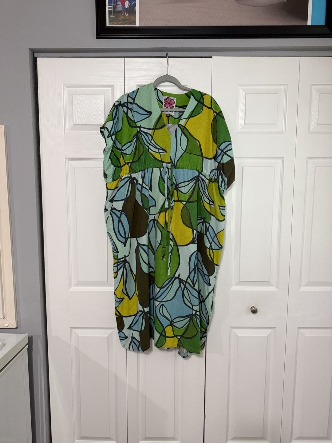 Lesley Evers Dress Size M/L Green Blue Leaf Print V-Neck Kaftan 2