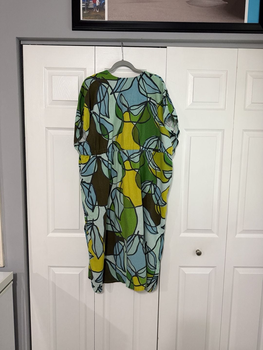 Lesley Evers Dress Size M/L Green Blue Leaf Print V-Neck Kaftan 3