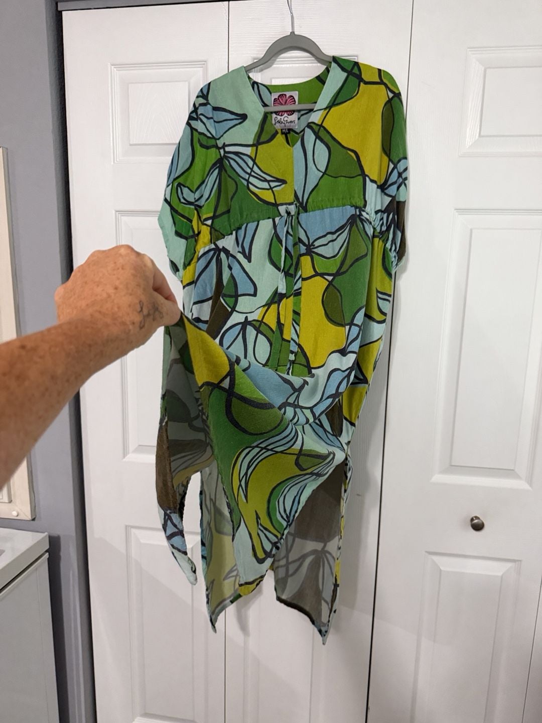 Lesley Evers Dress Size M/L Green Blue Leaf Print V-Neck Kaftan 4
