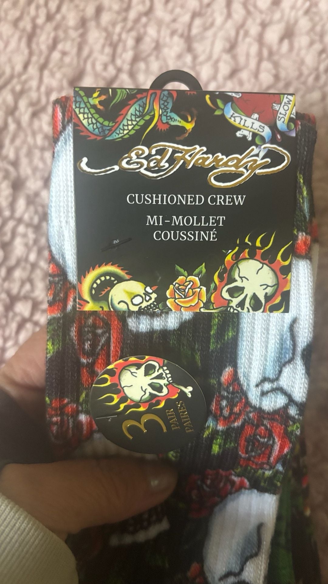 Ed Hardy Cushioned Crew Socks Size 6-12 3 Pair Pack Tattoo Skull Print 2