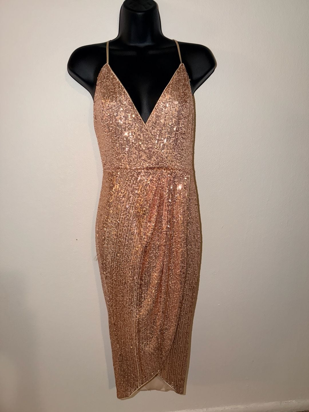 Papaya Sequin Midi Dress Size M Rose Gold V-Neck Spaghetti Strap 2