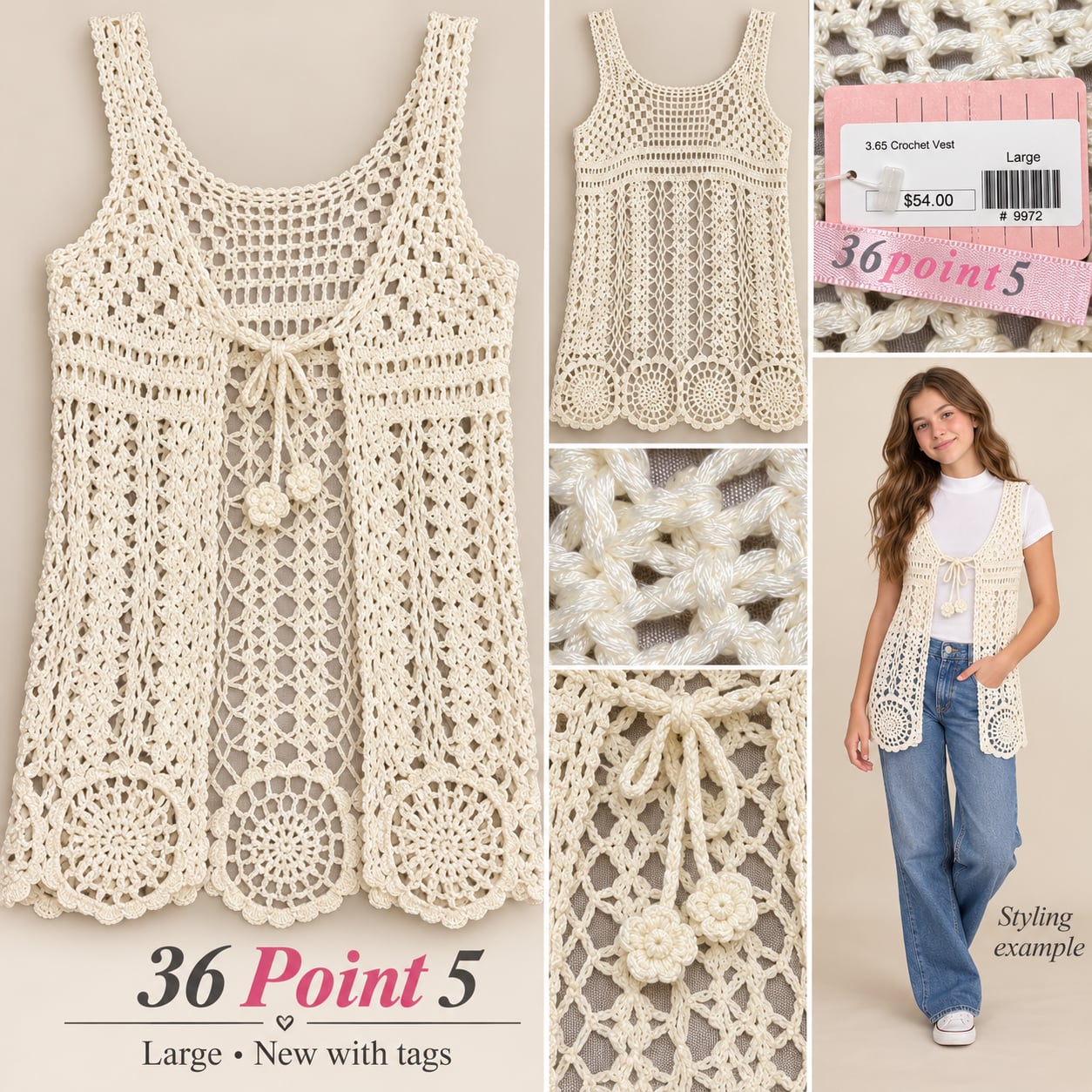 36 Point 5 Crochet Vest Large Ivory Cream Tie Front Boho Sleeveless NWT 2