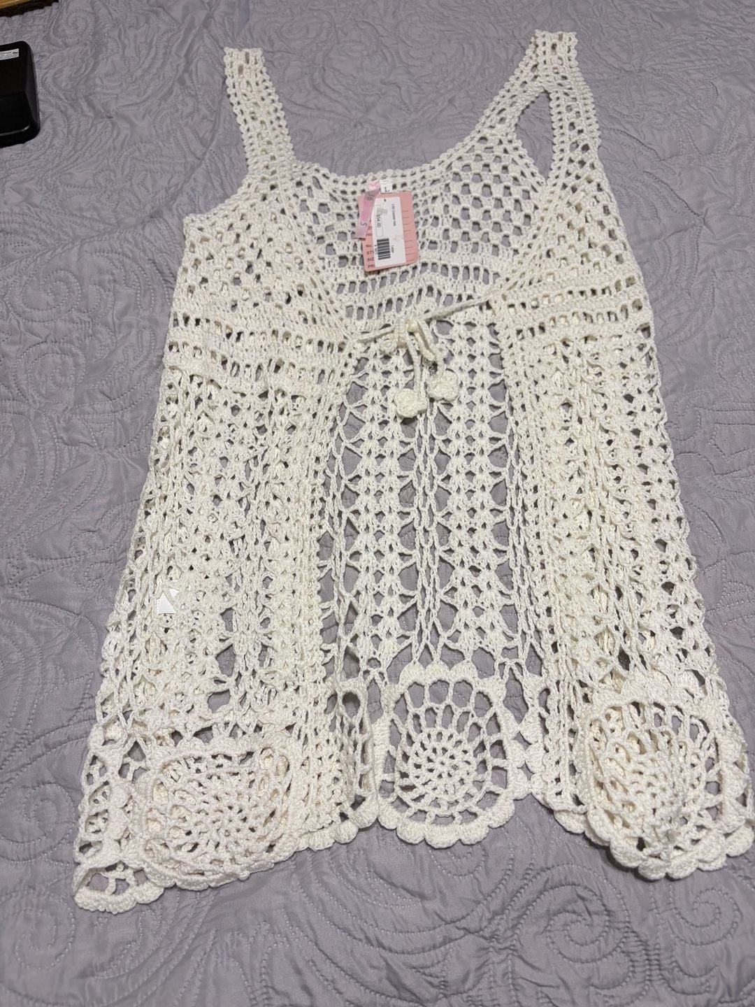 36 Point 5 Crochet Vest Large Ivory Cream Tie Front Boho Sleeveless NWT 4