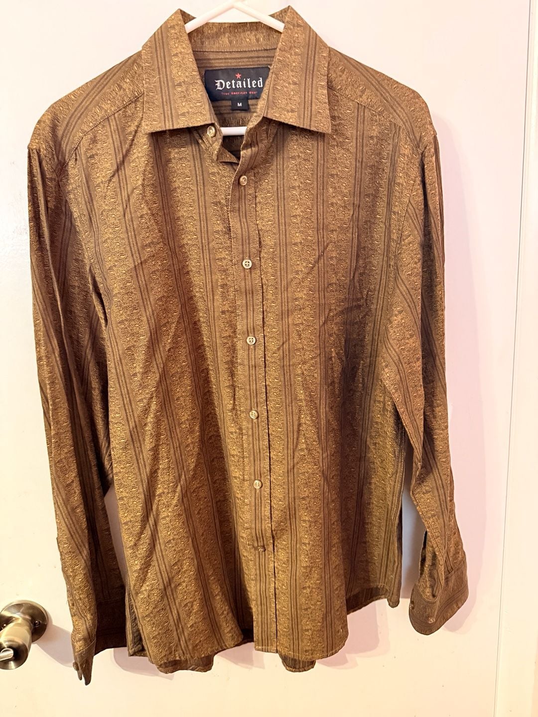Detailed Long Sleeve Button Down Shirt Size M Brown Pattern 2
