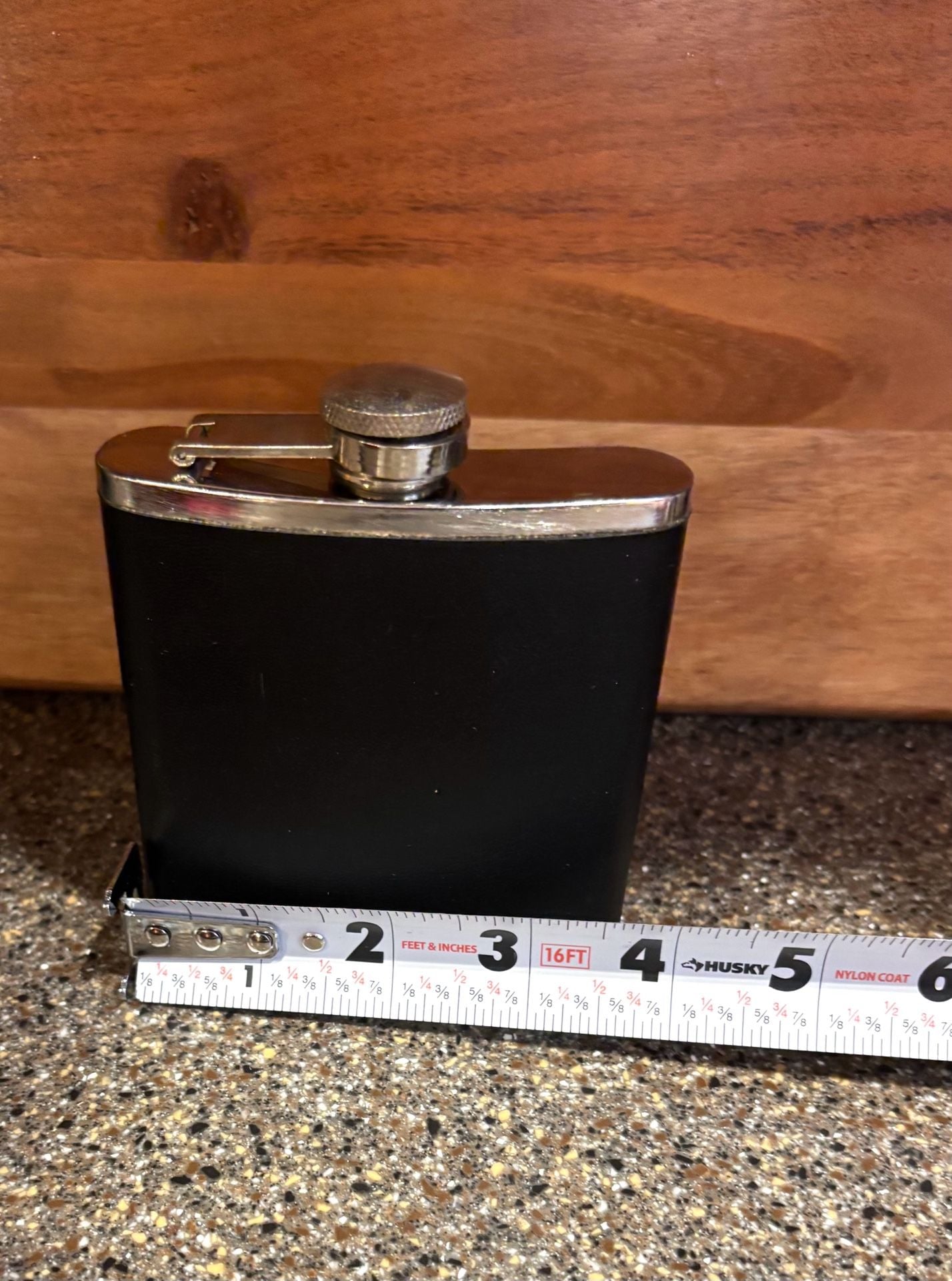 Stainless Steel Flask 6 oz Black Faux Leather Wrapped 2
