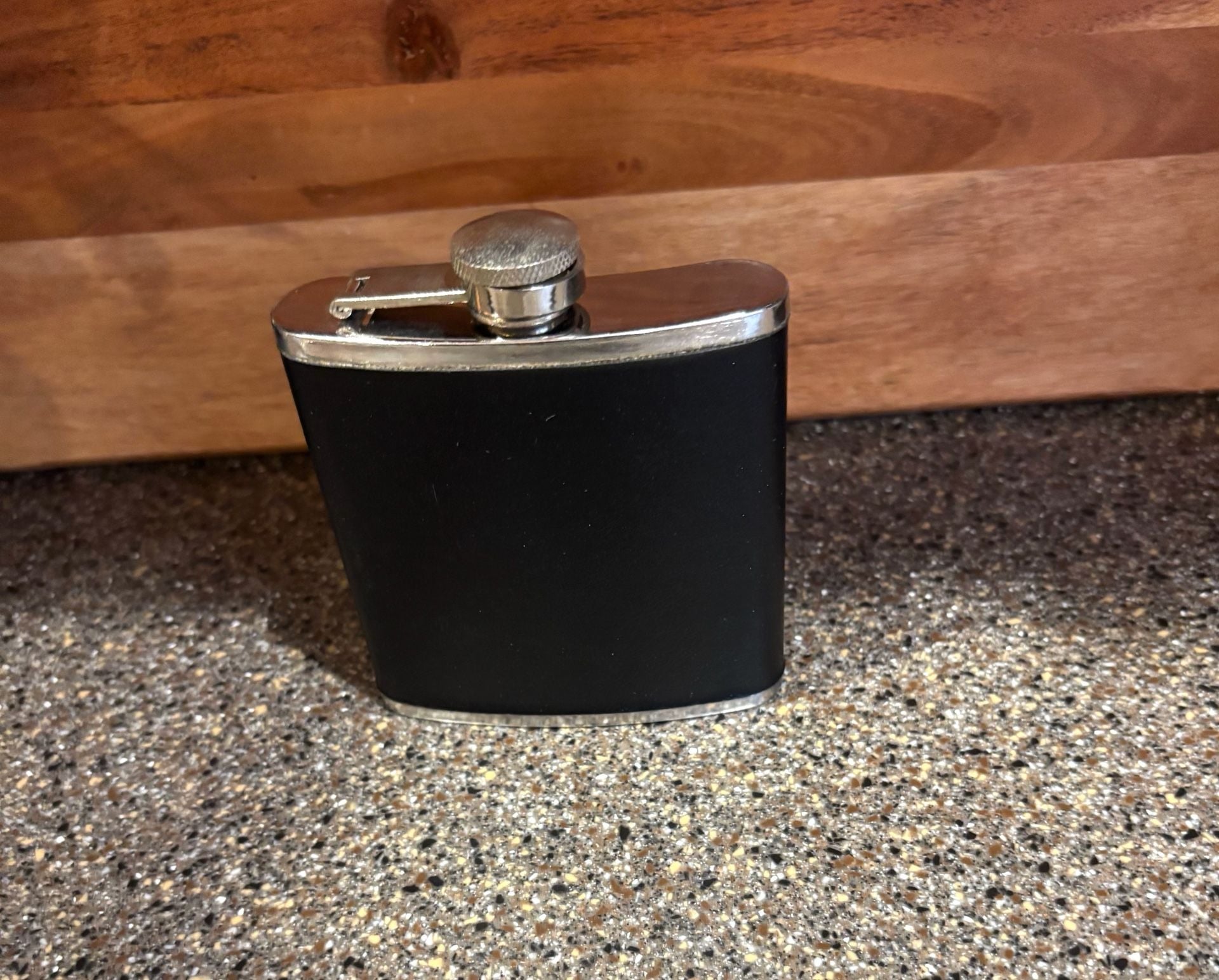 Stainless Steel Flask 6 oz Black Faux Leather Wrapped 4