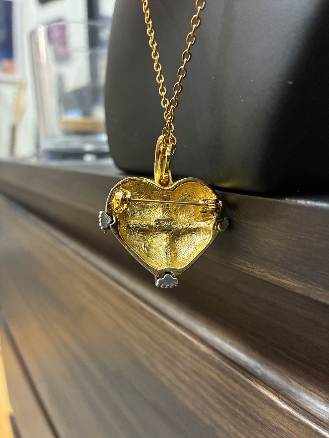 C. Stein Heart Pendant/Brooch Upcycled Stainless Steel Necklace Gold Tone 3
