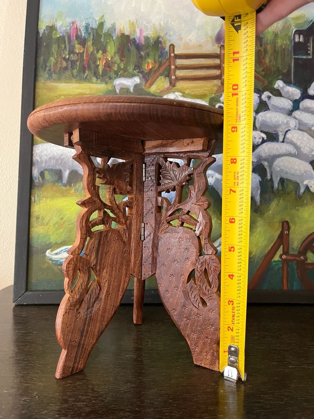 Handcrafted Carved Wooden Folding Stool Plant Stand Inlay 3