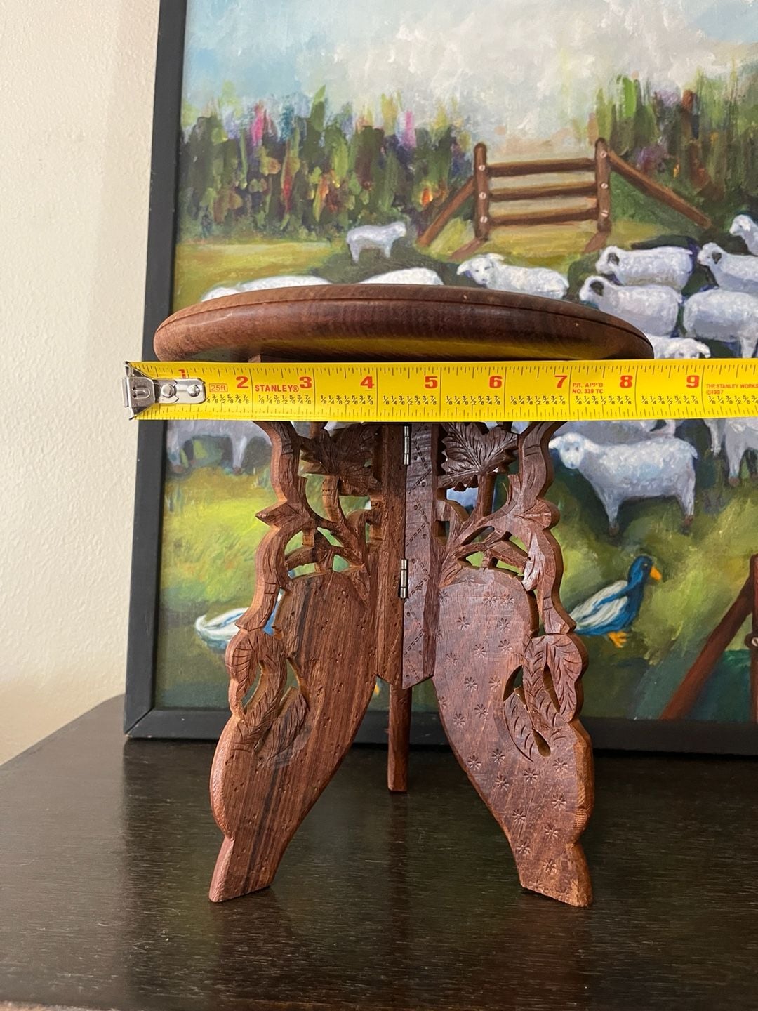 Handcrafted Carved Wooden Folding Stool Plant Stand Inlay 4