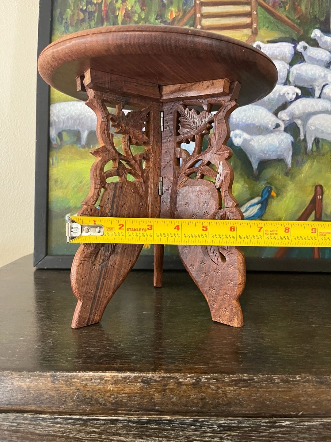 Handcrafted Carved Wooden Folding Stool Plant Stand Inlay 5