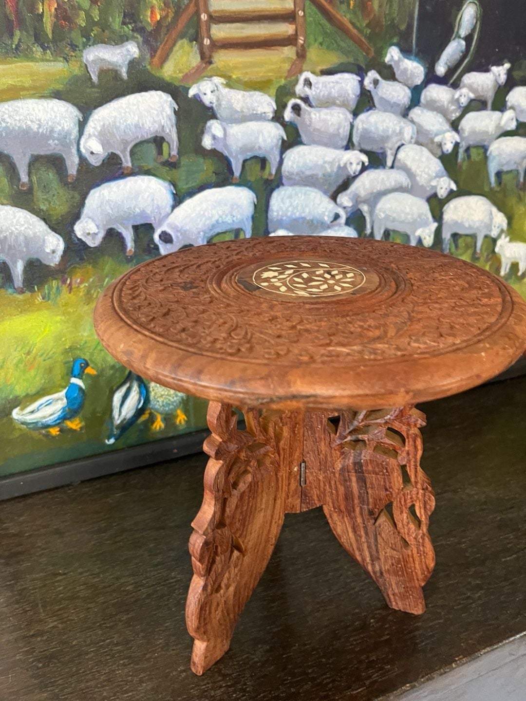 Handcrafted Carved Wooden Folding Stool Plant Stand Inlay 6