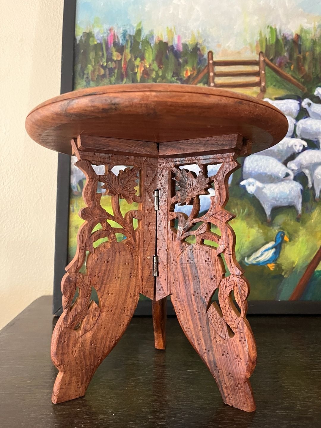 Handcrafted Carved Wooden Folding Stool Plant Stand Inlay 7