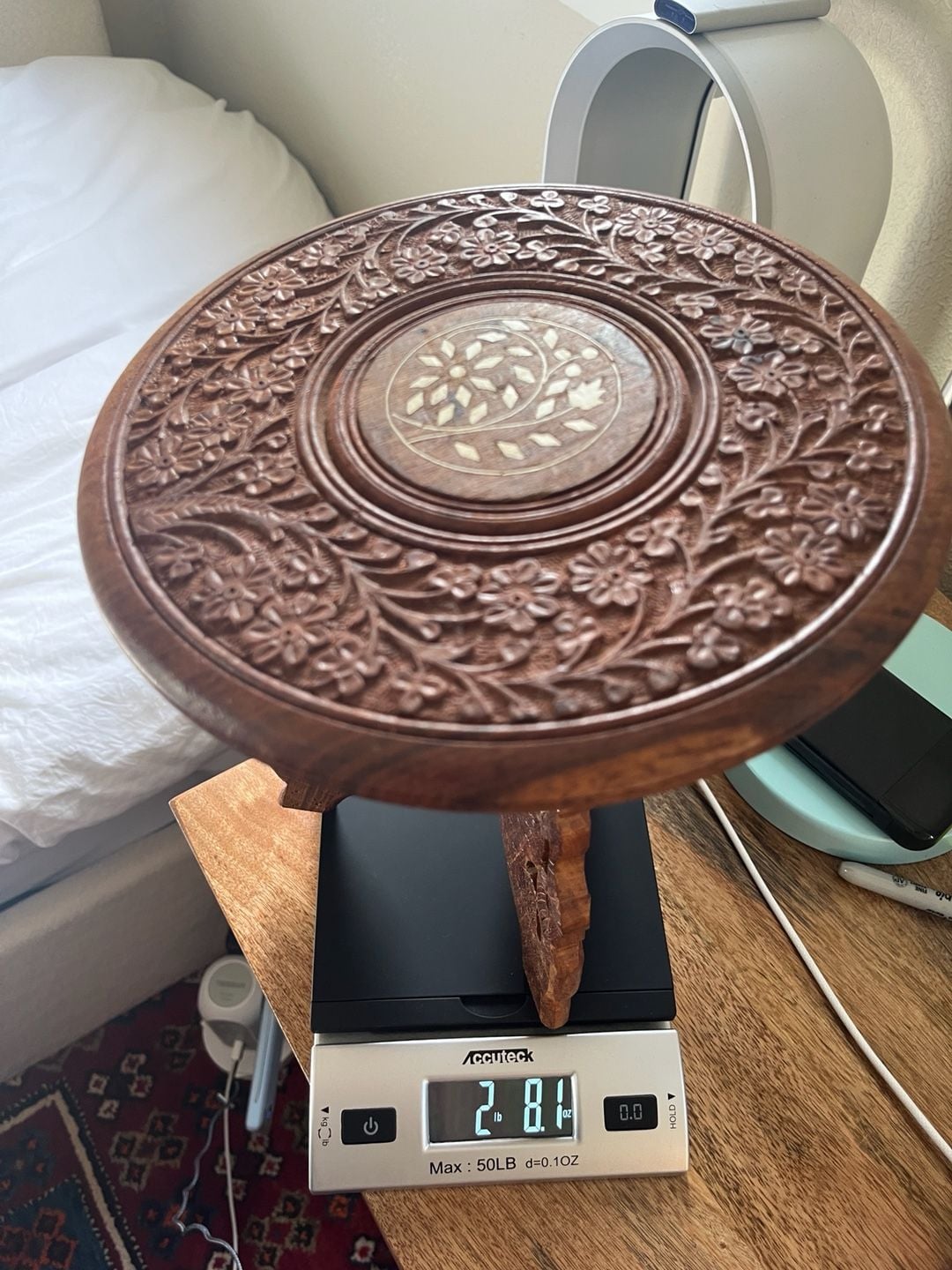 Handcrafted Carved Wooden Folding Stool Plant Stand Inlay 8