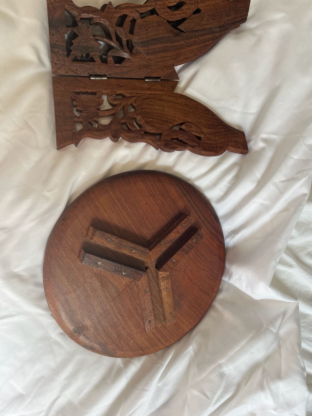 Handcrafted Carved Wooden Folding Stool Plant Stand Inlay 9
