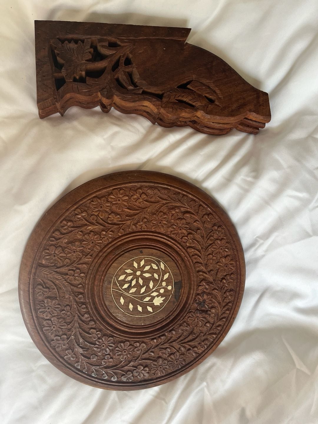 Handcrafted Carved Wooden Folding Stool Plant Stand Inlay 10