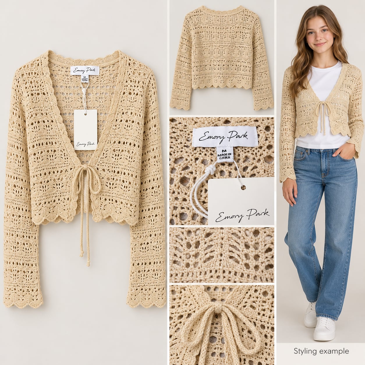Emory Park Beige Crochet Tie Front Cropped Cardigan Medium Boho NWT 2