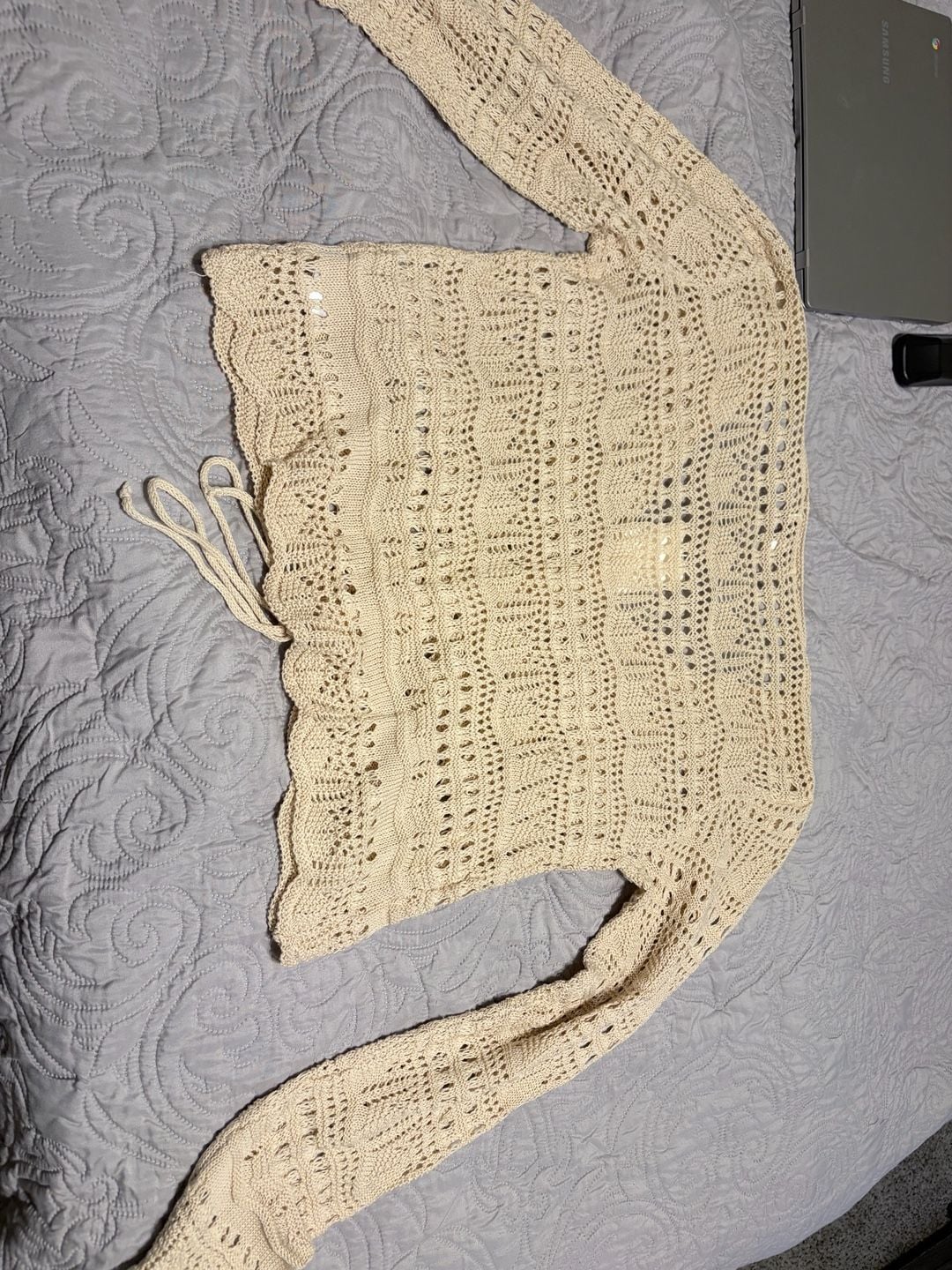 Emory Park Beige Crochet Tie Front Cropped Cardigan Medium Boho NWT 3