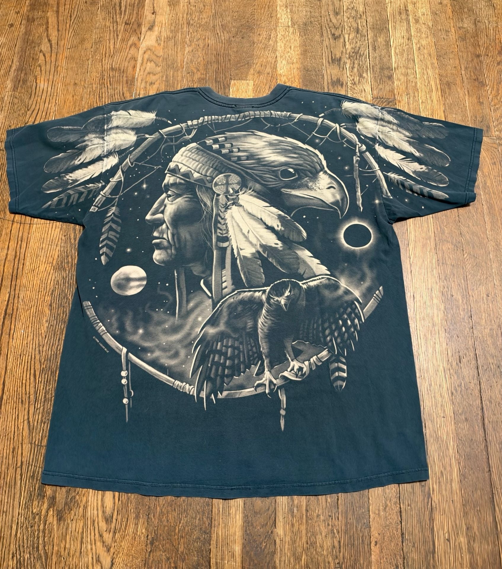 Liquid Blue Vintage Native American Wolf T-Shirt Dark Blue Graphic 1996 AOP XL 7