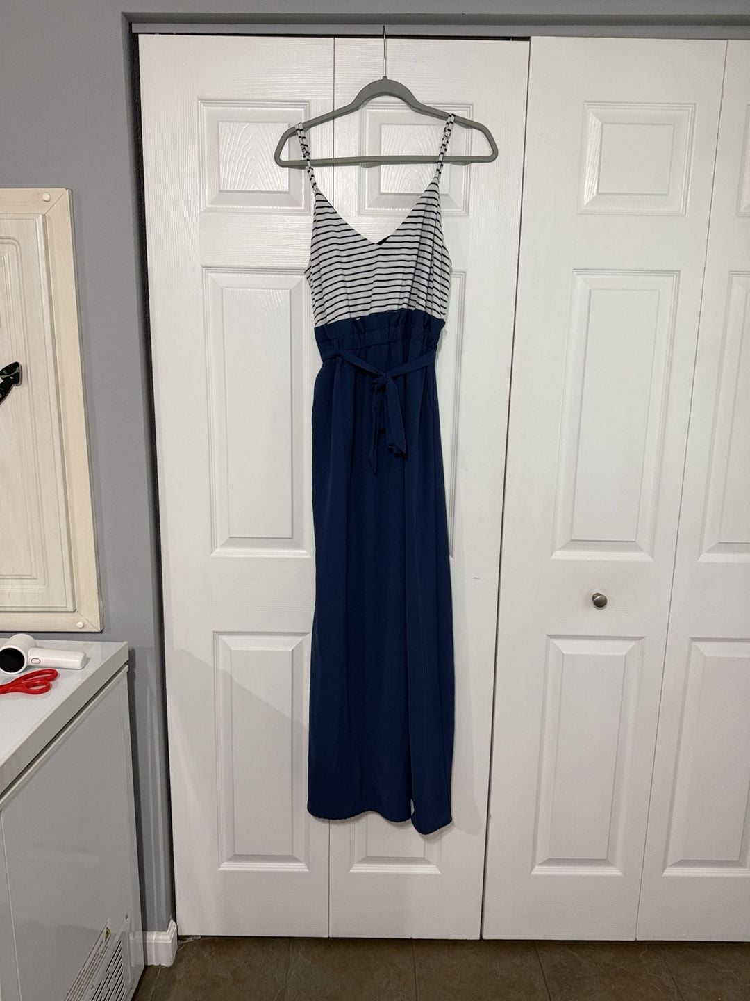 Moon River Jumpsuit Size L Striped Top Solid Blue Wide Leg Belted 2