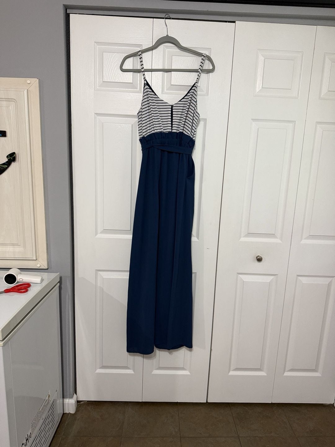 Moon River Jumpsuit Size L Striped Top Solid Blue Wide Leg Belted 3