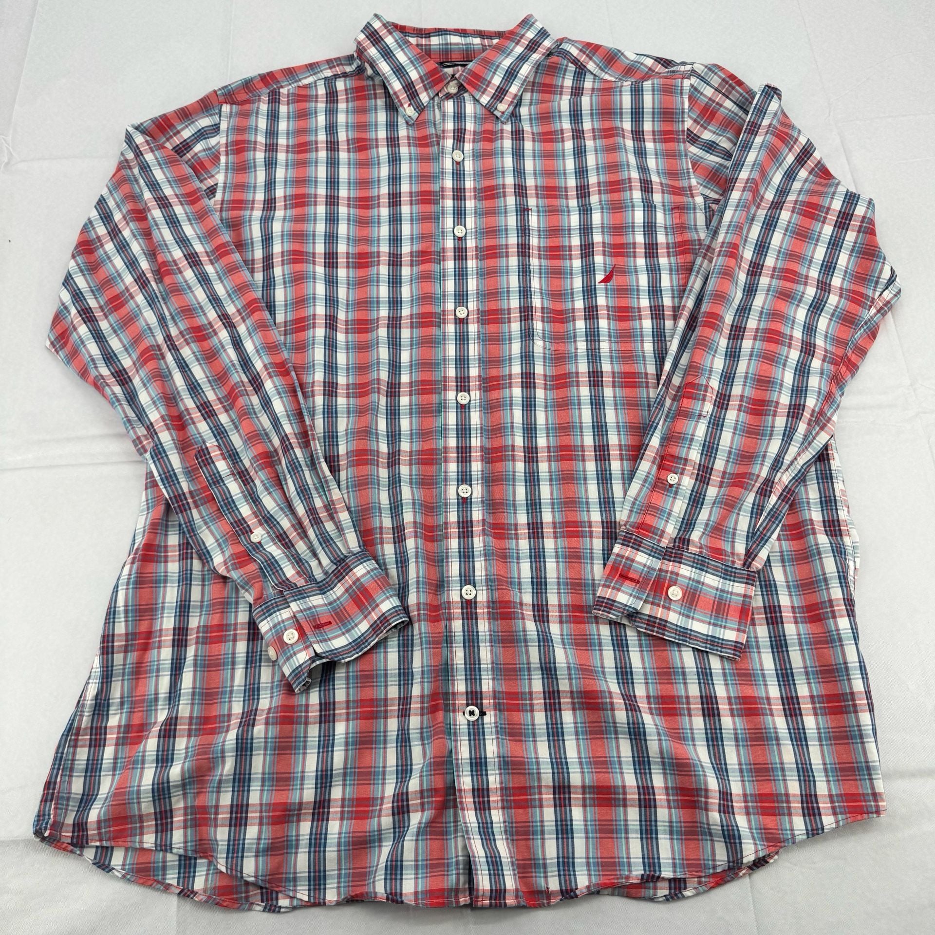 Nautica Plaid Long Sleeve Button Down Shirt Size 1XLT Red Blue White 2
