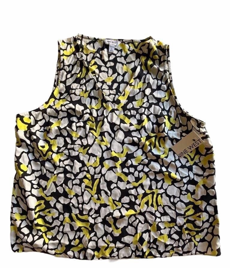 Nine West Blouse Size XL Black White Yellow Print 2