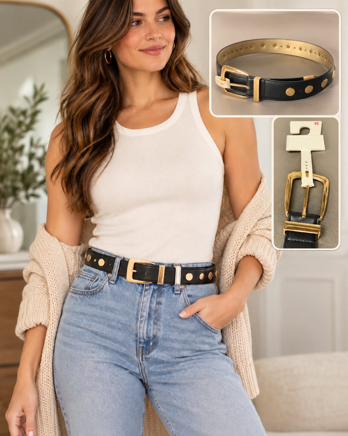 WU93 XS A New Day Black Faux Leather Gold Studded Belt NWT 1
