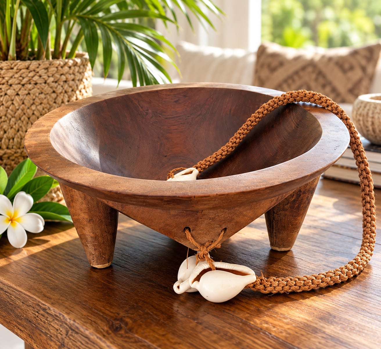 Vintage-Style Fijian Tanoa Kava Bowl – Hand-Carved Wood, Cowrie Shells – 16” 1