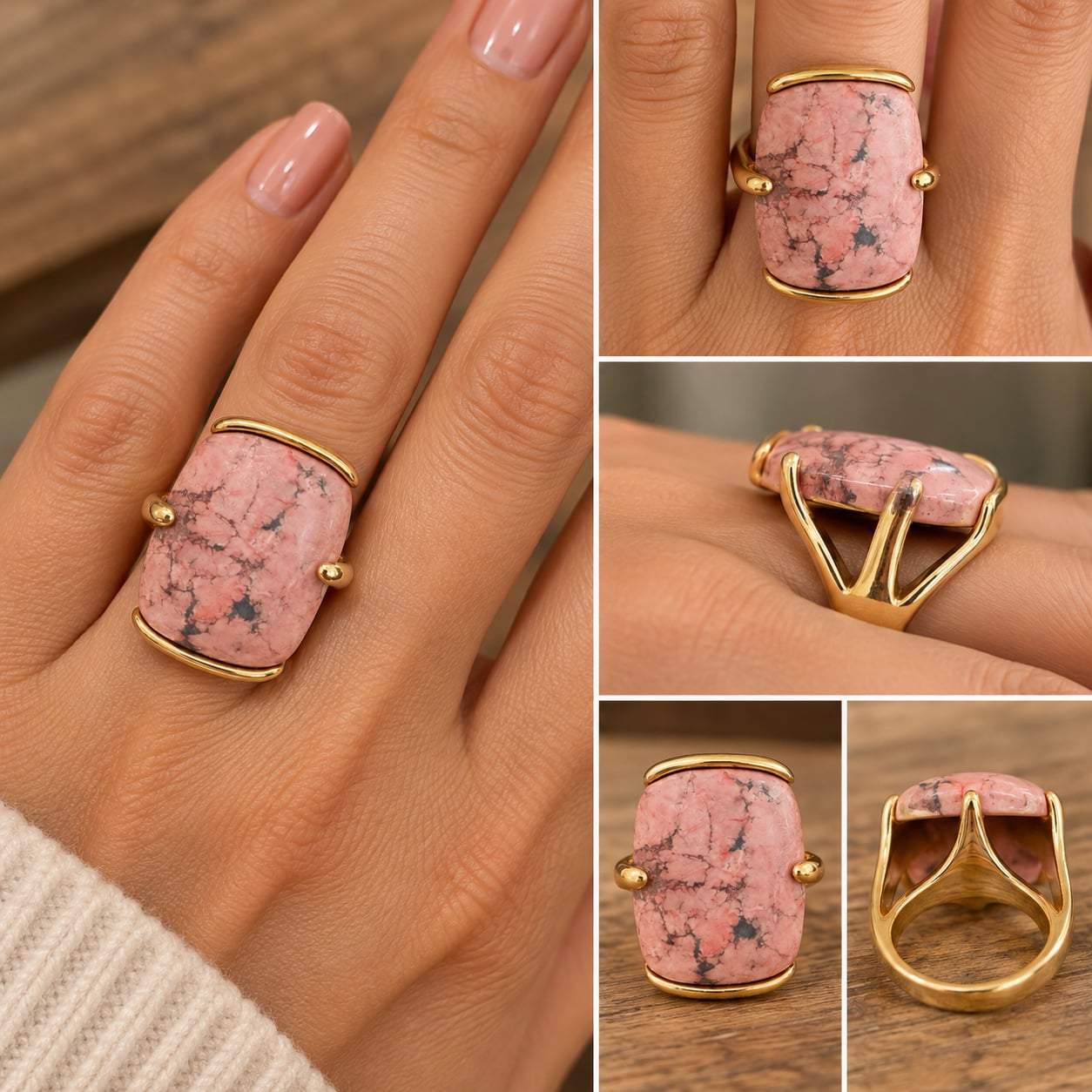Pink Rhodonite Gold Tone Statement Ring Size 7 2