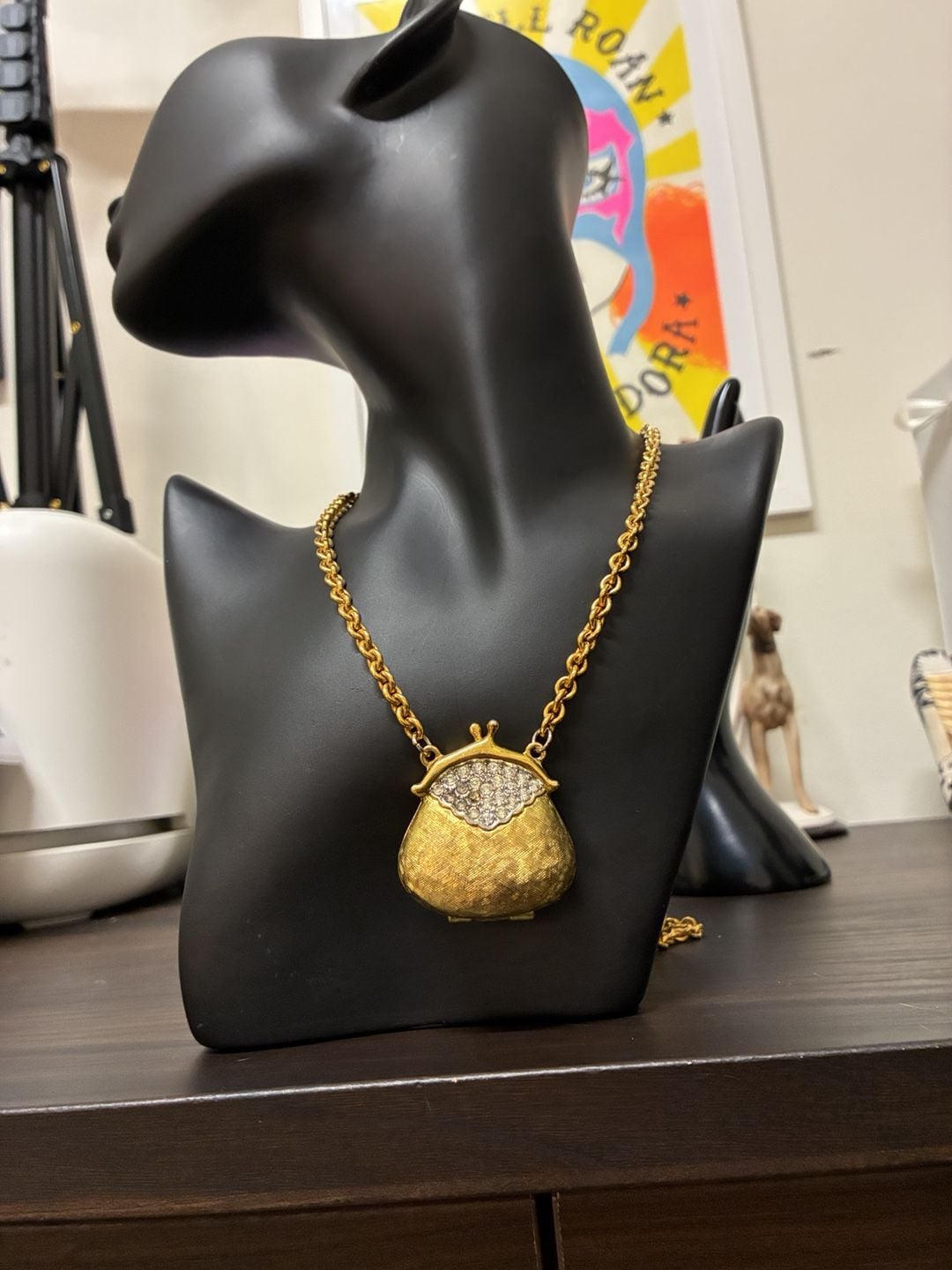Vintage Whiting & Davis Gold Tone Rhinestone Purse Locket Necklace 1