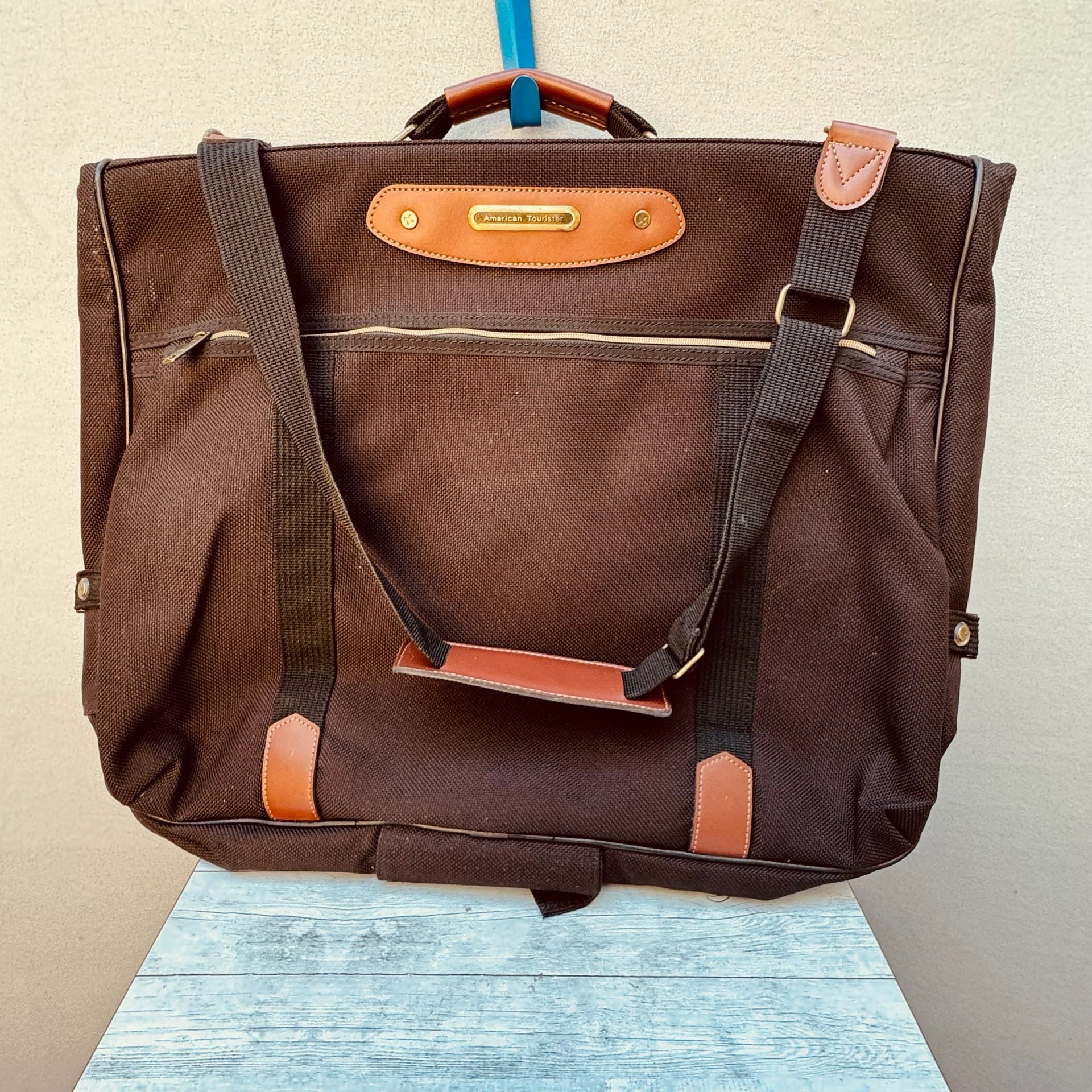 American Tourister Vintage Garment Bag Brown Canvas Travel Luggage 2