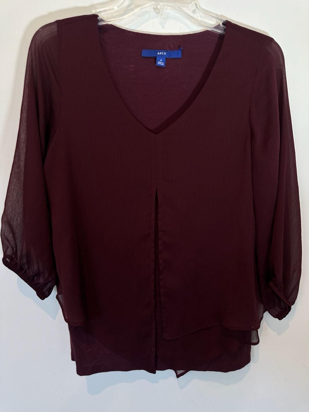 Apt. 9 V-Neck Blouse Size S Burgundy Sheer Long Sleeve Layered Top 6