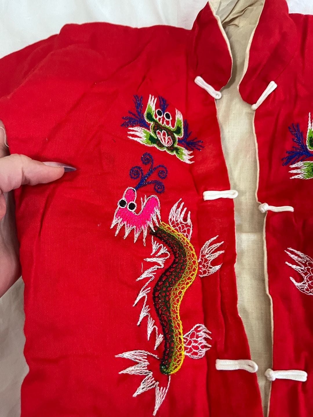 Vintage Chinese Embroidered Red Dragon & Phoenix Children 2-Piece Outfit 4