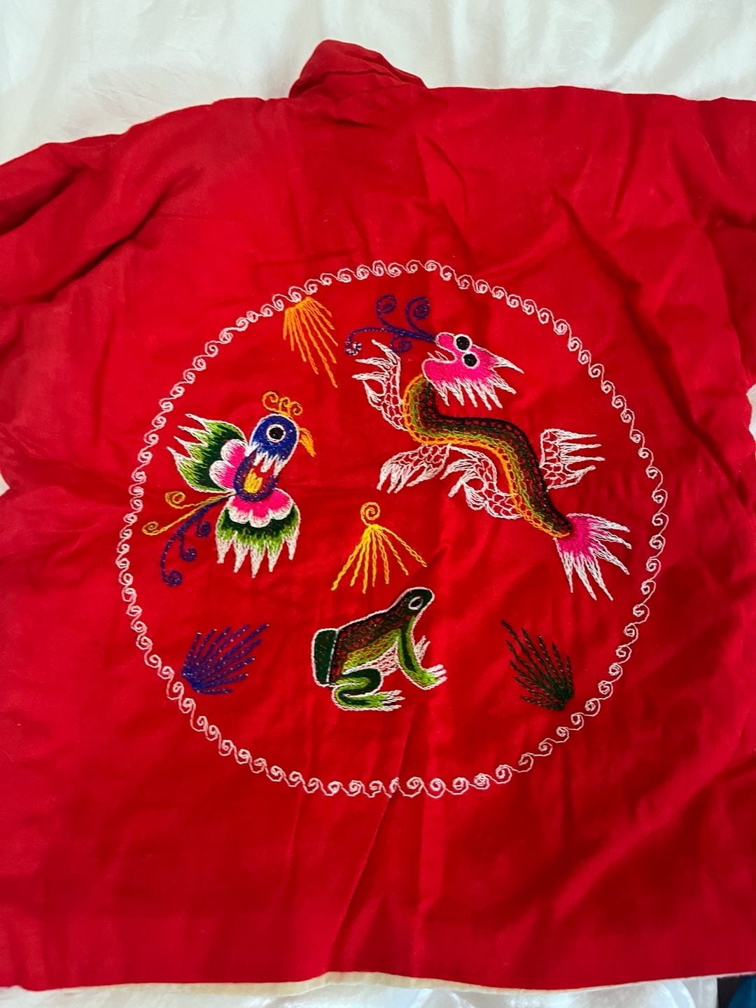 Vintage Chinese Embroidered Red Dragon & Phoenix Children 2-Piece Outfit 7