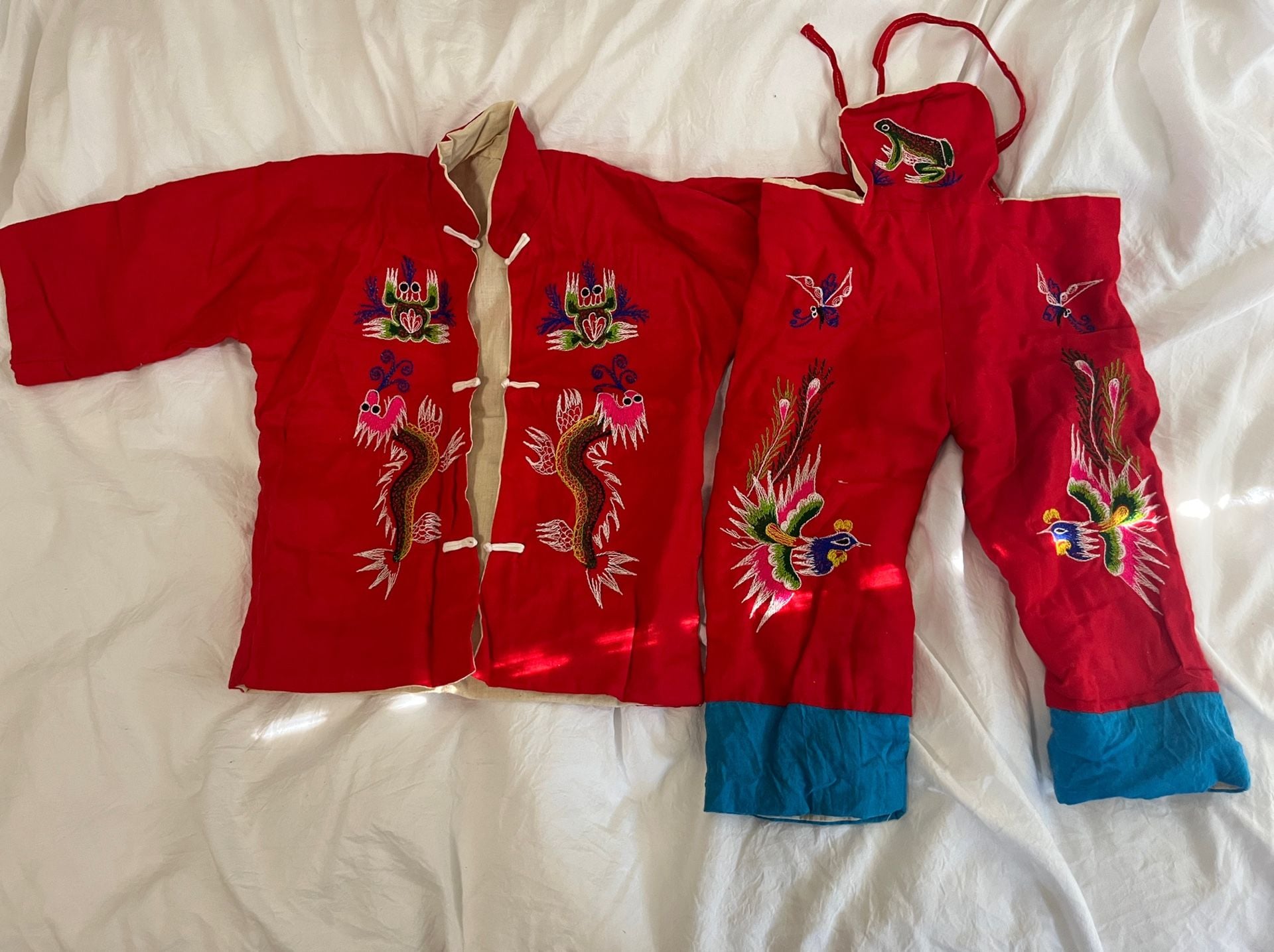 Vintage Chinese Embroidered Red Dragon & Phoenix Children 2-Piece Outfit 2