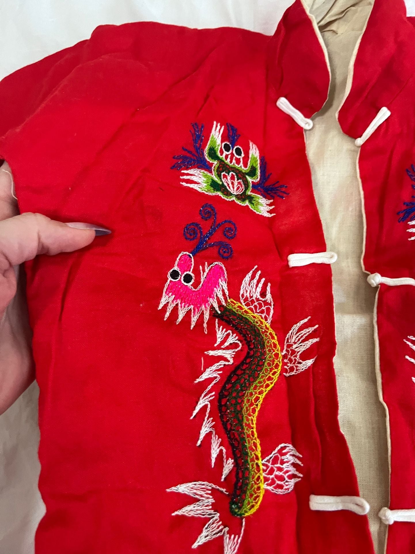 Vintage Chinese Embroidered Red Dragon & Phoenix Children 2-Piece Outfit 3