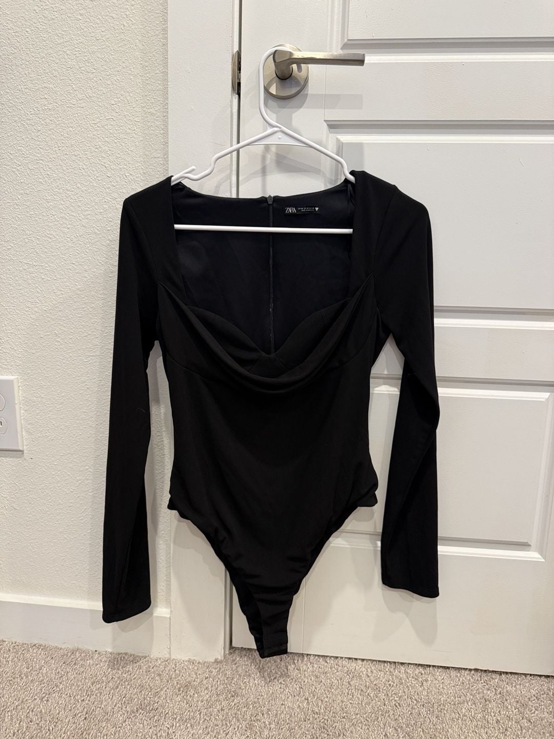 Zara Long Sleeve Bodysuit Size M Black Cowl Neck 2